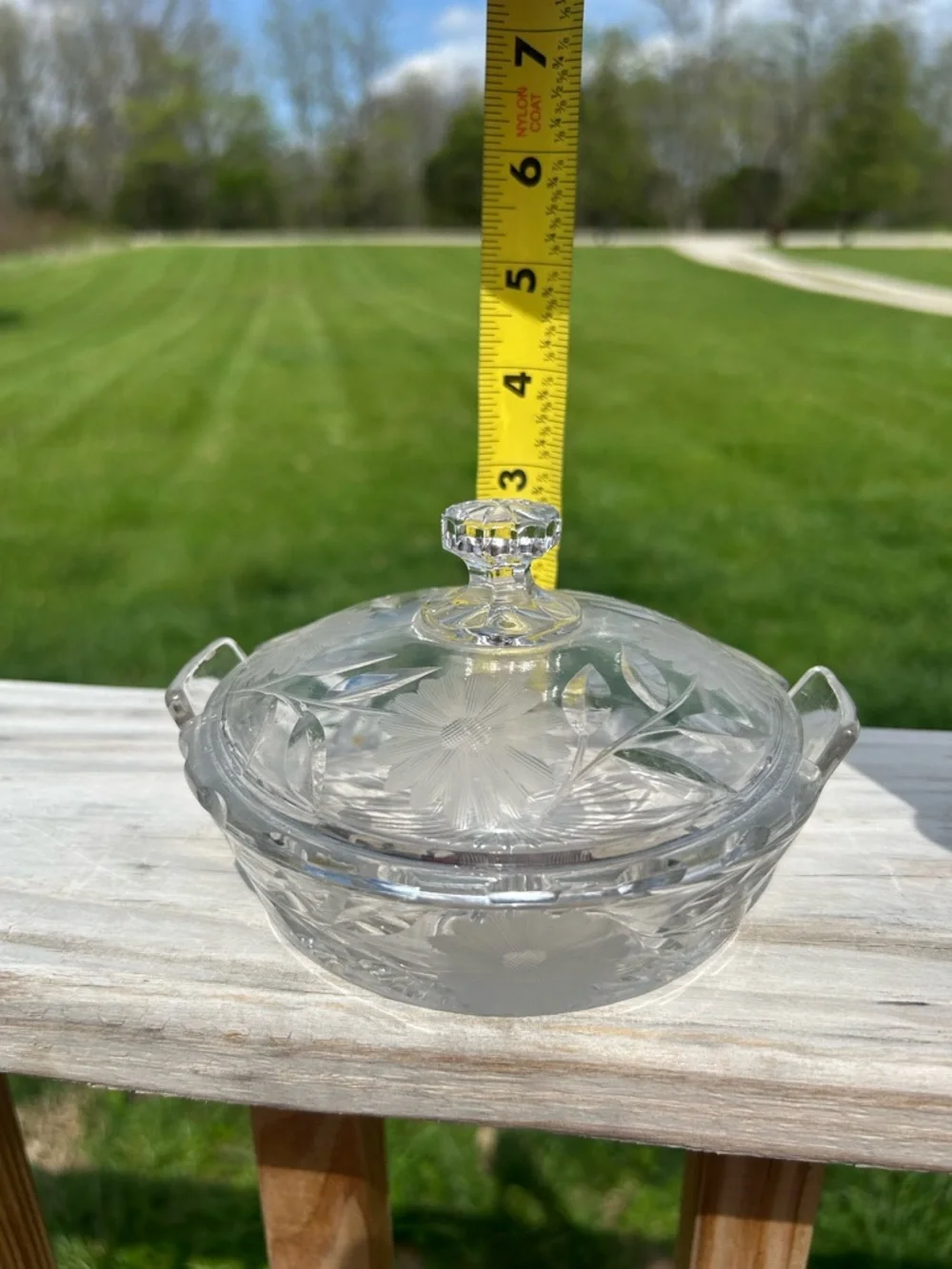 Vintage floral etched & starburst crystal‎ trinket box Candy Dish Classic W/lid